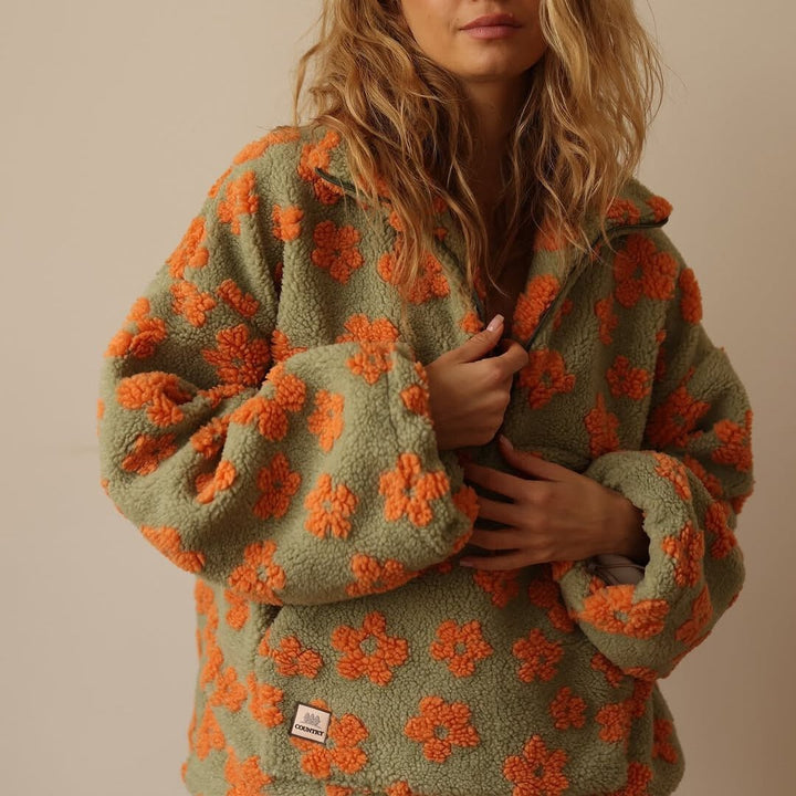 Oversized Floral Sherpa Fleece Jacket