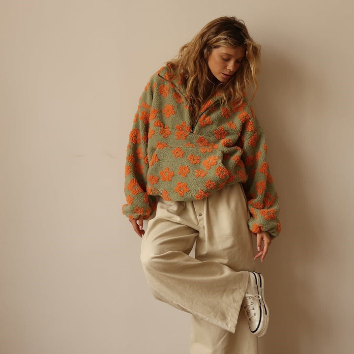 Oversized Floral Sherpa Fleece Jacket