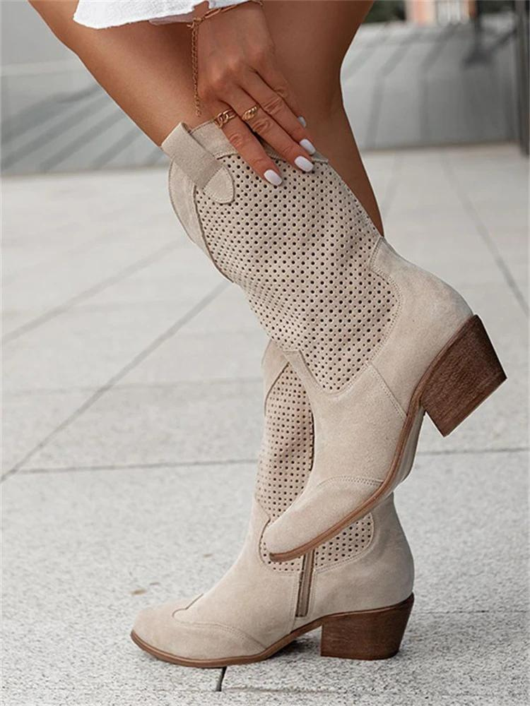 Women's Refined Leather Knee High Heeled Cowboy Boots