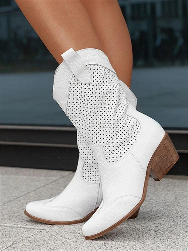 Women's Refined Leather Knee High Heeled Cowboy Boots