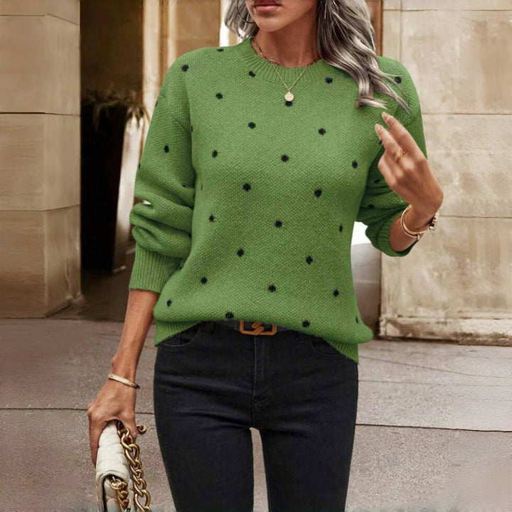 Women's Charming Polka Dot Crewneck Knit Ribbed Sweater