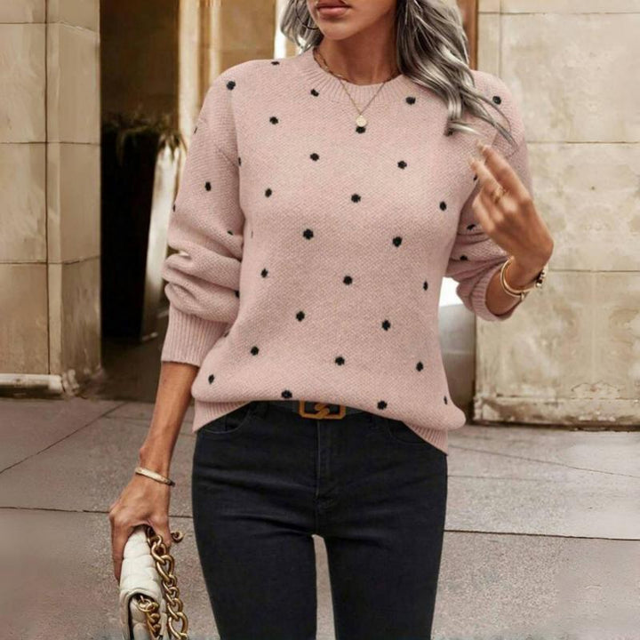 Women's Charming Polka Dot Crewneck Knit Ribbed Sweater