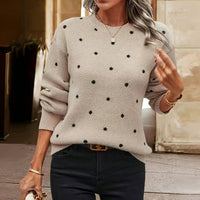 Women's Charming Polka Dot Crewneck Knit Ribbed Sweater