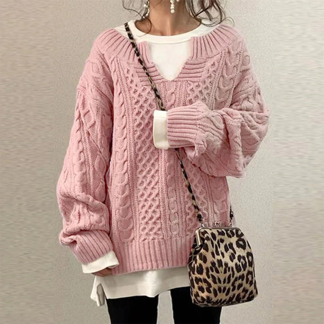 Women's Cosy Oversized Cable Knit Sweater with V Neck