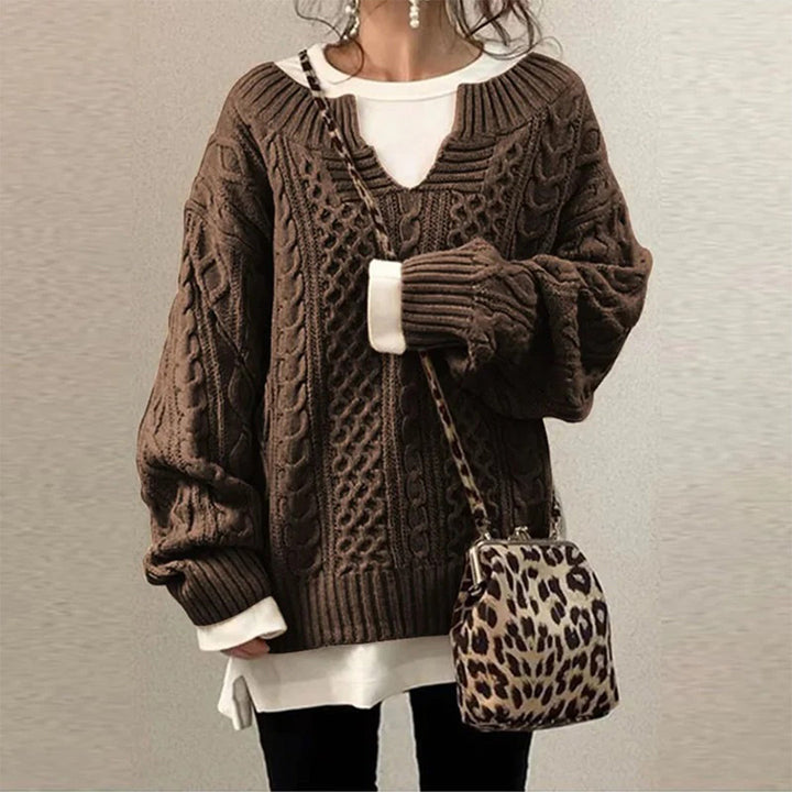 Women's Cosy Oversized Cable Knit Sweater with V Neck