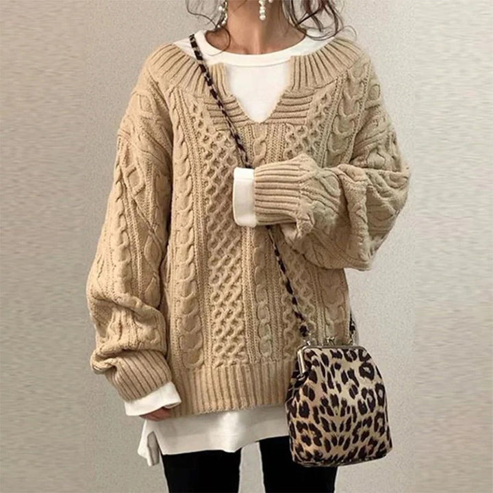 Women's Cosy Oversized Cable Knit Sweater with V Neck