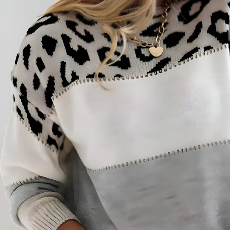 Women's Relaxed Crewneck Knit Sweater with Leopard Print