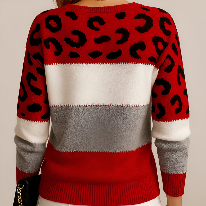 Women's Relaxed Crewneck Knit Sweater with Leopard Print