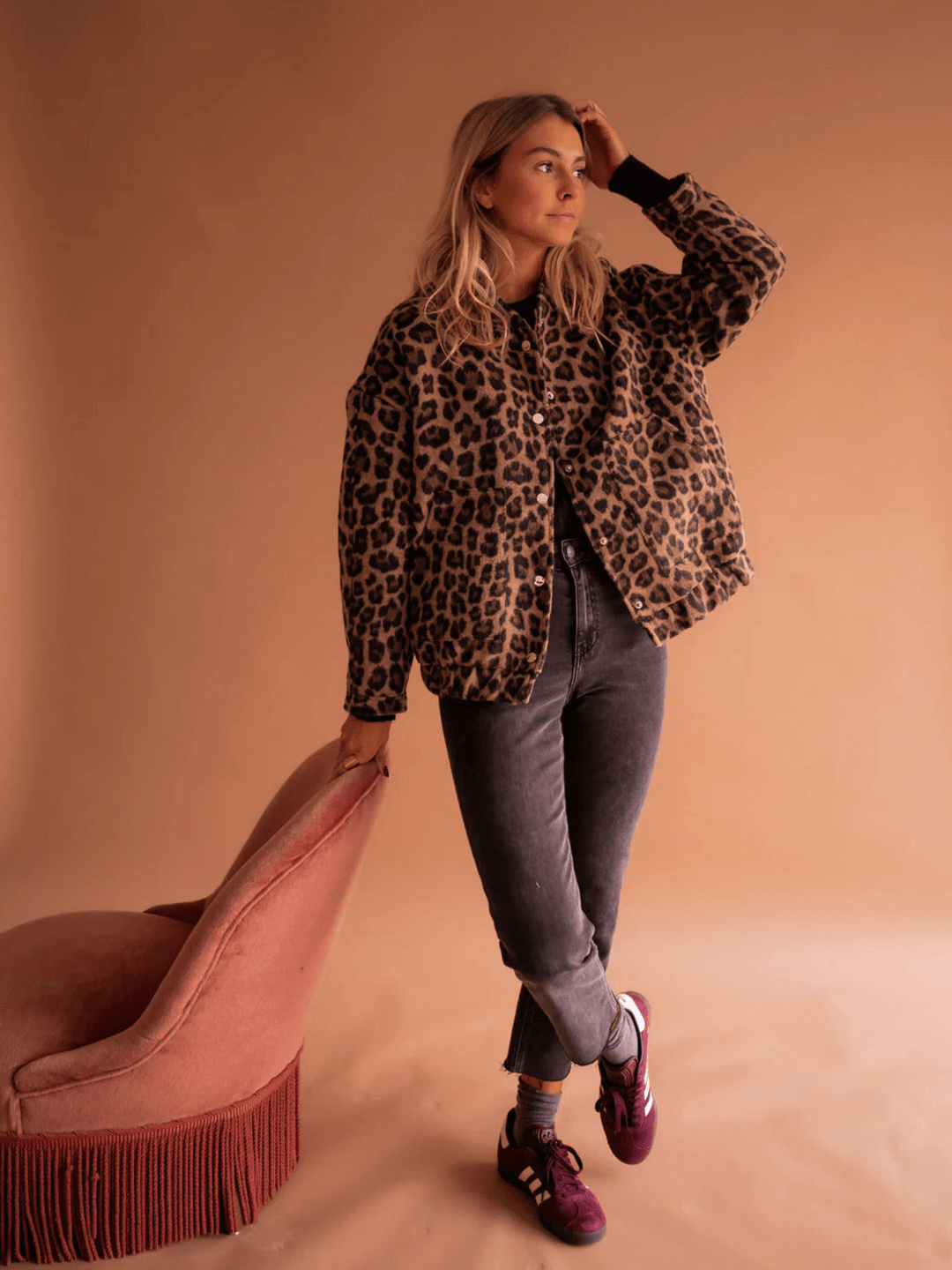 Women's Vintage-Inspired Leopard Print Fleece Jacket with Button Front