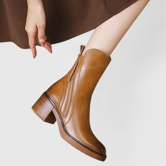 Women's Graceful Black Leather Heeled Ankle Boots