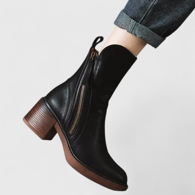 Women's Graceful Black Leather Heeled Ankle Boots