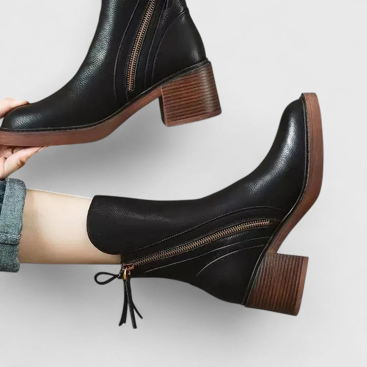 Women's Graceful Black Leather Heeled Ankle Boots