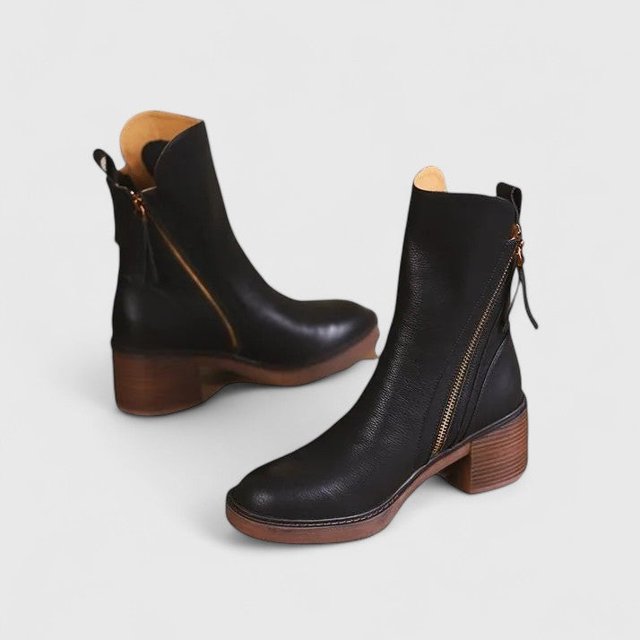 Women's Graceful Black Leather Heeled Ankle Boots