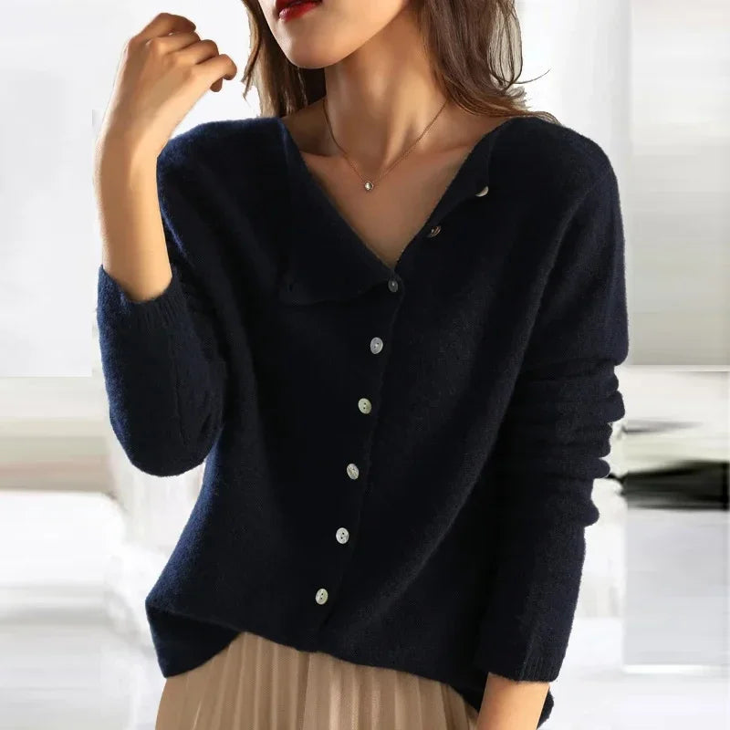 Women's Cashmere Cardigan with V Neck and Button Front