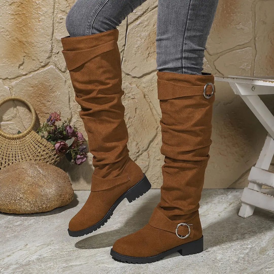 Women's Stylish Black Suede Knee High Boots with Block Heel