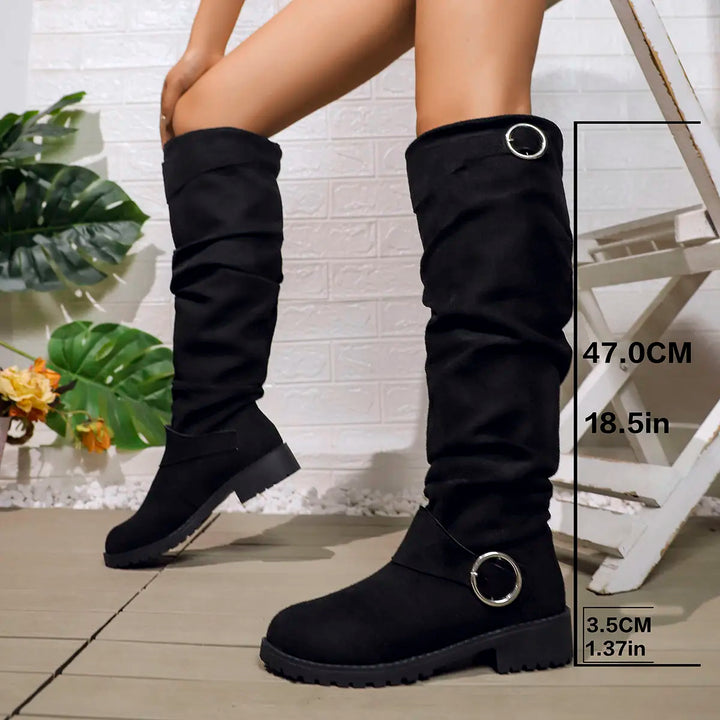 Women's Stylish Black Suede Knee High Boots with Block Heel