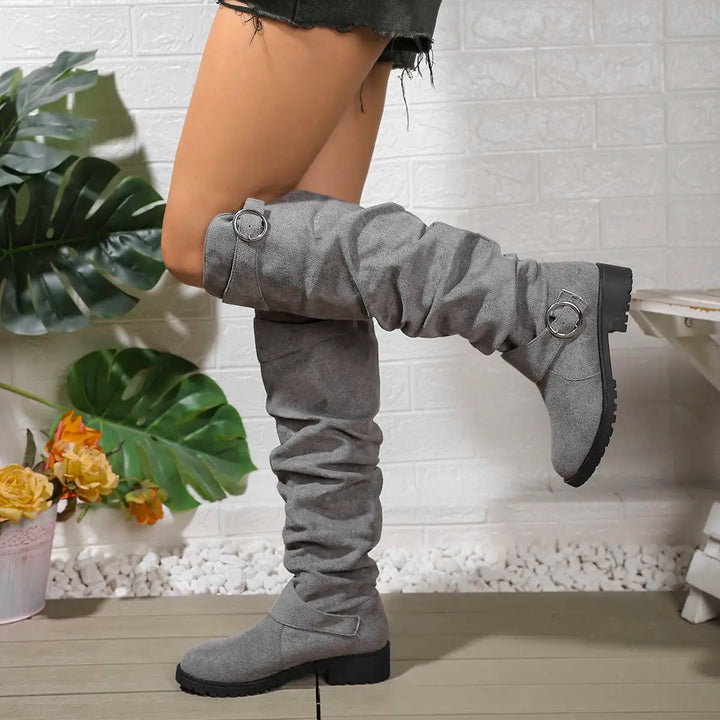 Women's Stylish Black Suede Knee High Boots with Block Heel