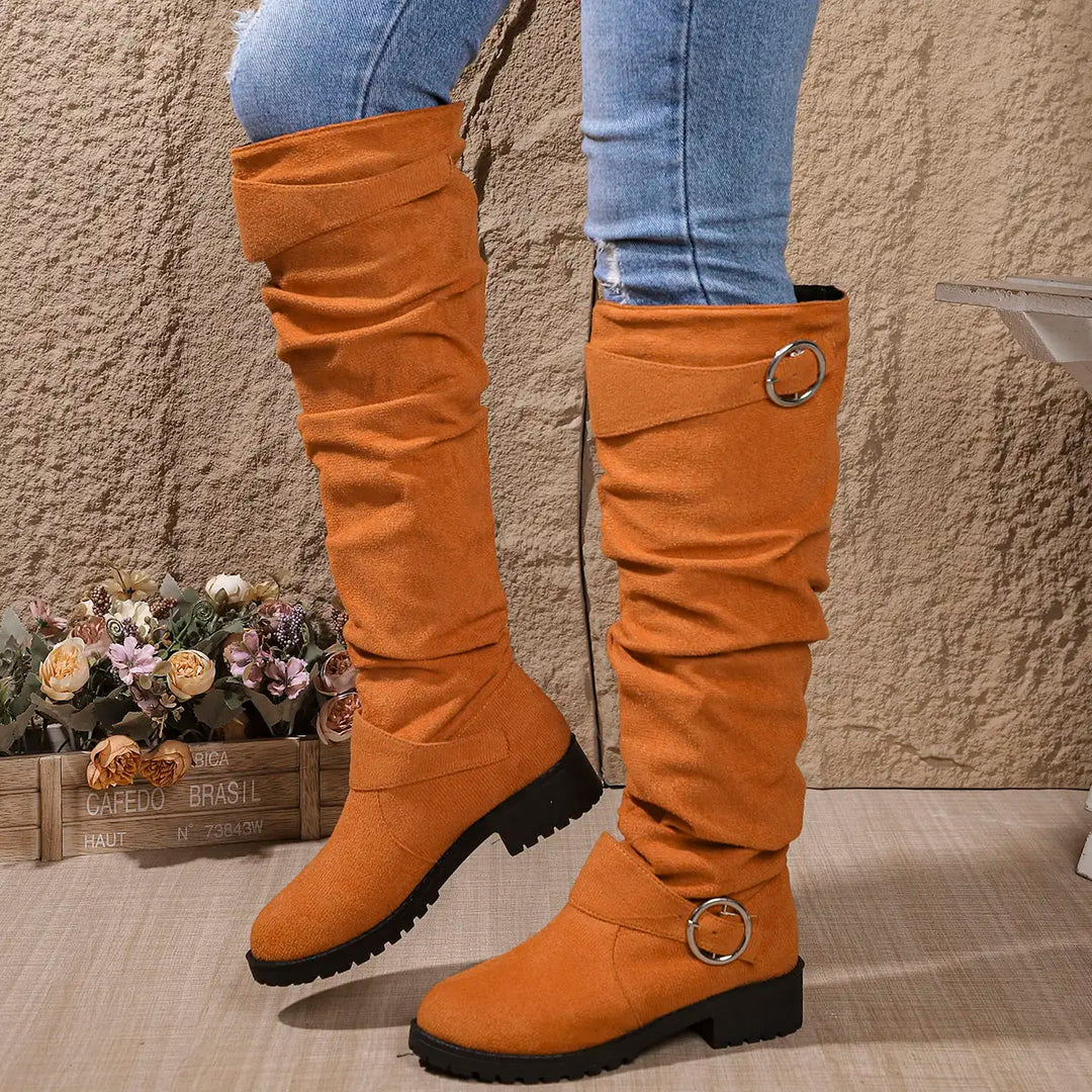 Women's Stylish Black Suede Knee High Boots with Block Heel