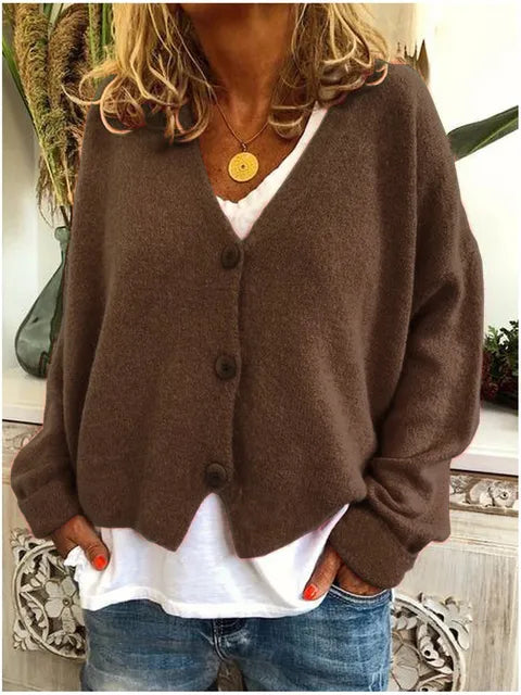 Women's Relaxed Knit Cardigan with V Neck and Button Front
