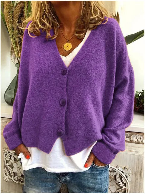 Women's Relaxed Knit Cardigan with V Neck and Button Front