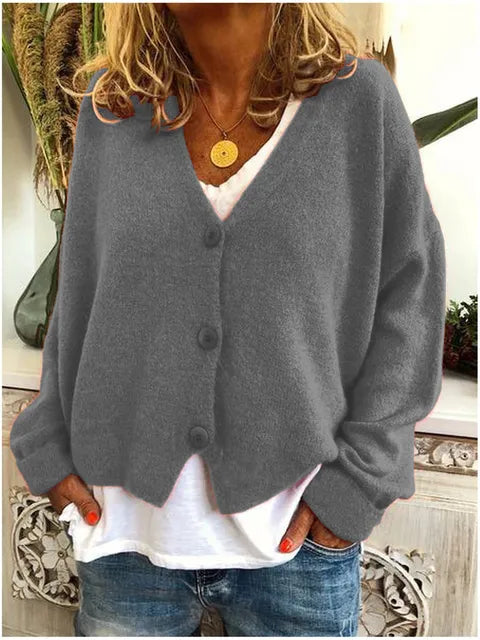 Women's Relaxed Knit Cardigan with V Neck and Button Front
