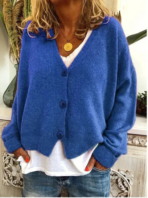 Women's Relaxed Knit Cardigan with V Neck and Button Front
