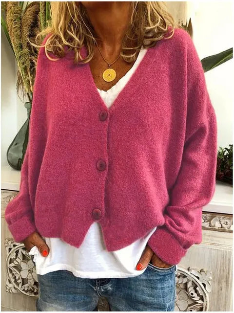 Women's Relaxed Knit Cardigan with V Neck and Button Front