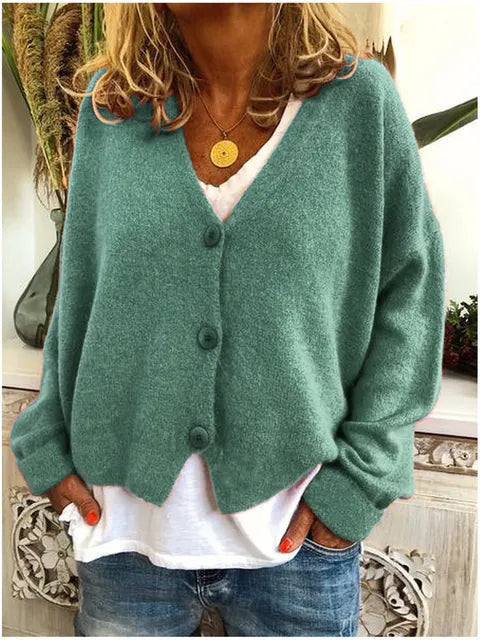 Women's Relaxed Knit Cardigan with V Neck and Button Front