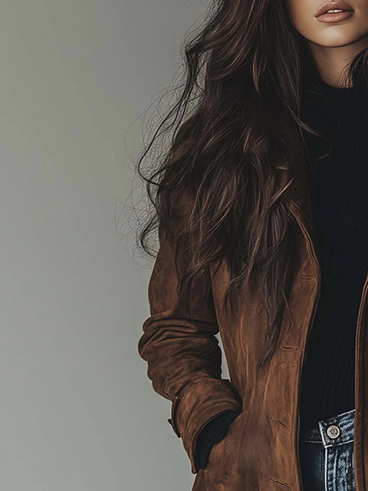 Women's Vintage Suede Trench Coat with Double-Breasted Buttons