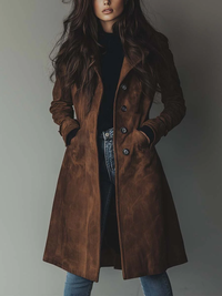 Women's Vintage Suede Trench Coat with Double-Breasted Buttons
