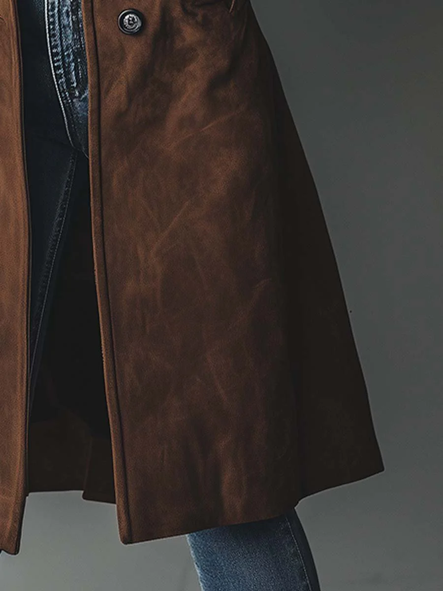 Women's Vintage Suede Trench Coat with Double-Breasted Buttons
