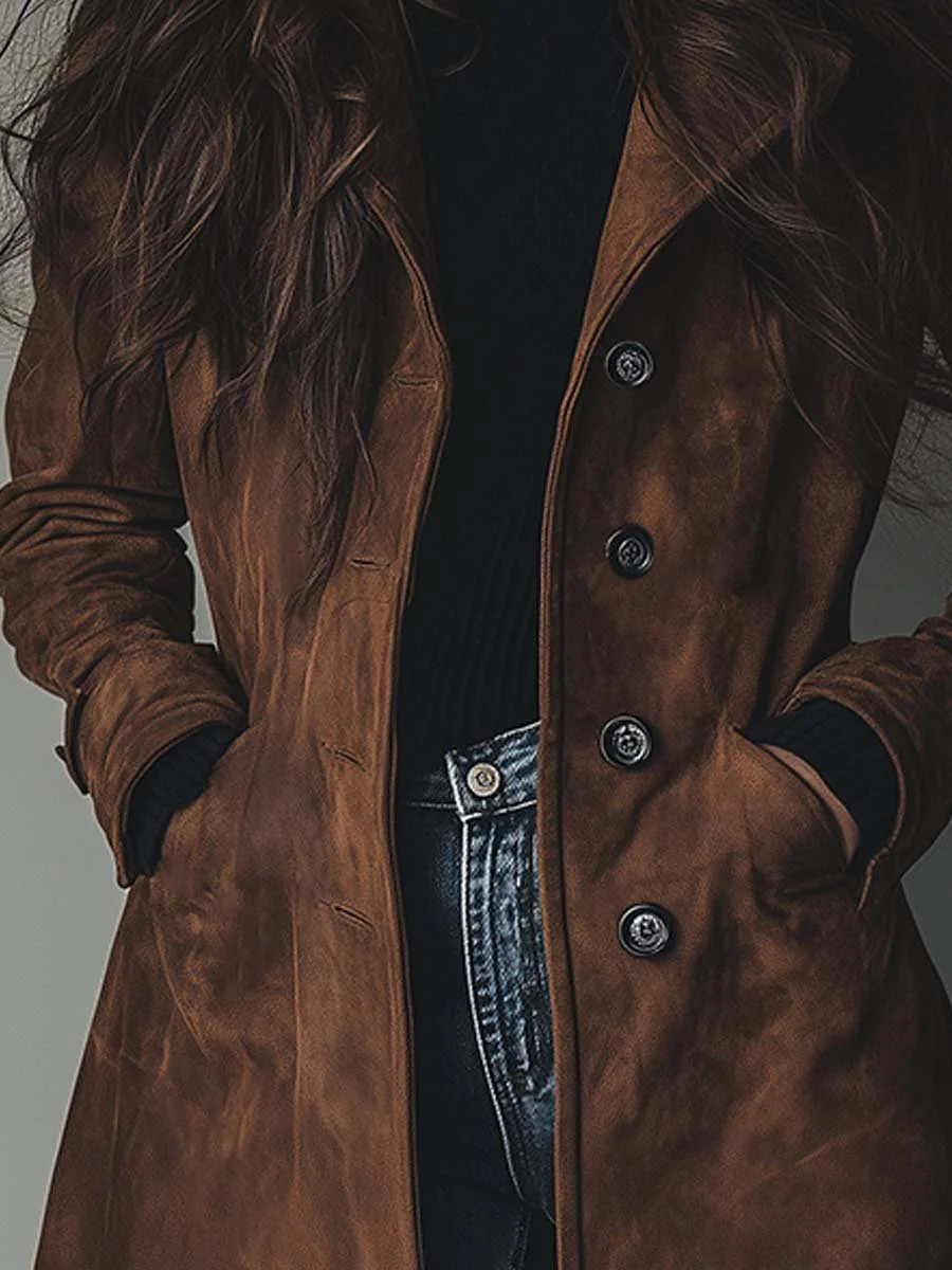 Women's Vintage Suede Trench Coat with Double-Breasted Buttons