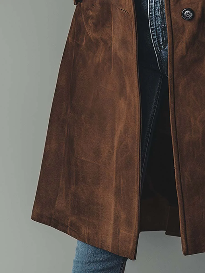 Women's Vintage Suede Trench Coat with Double-Breasted Buttons