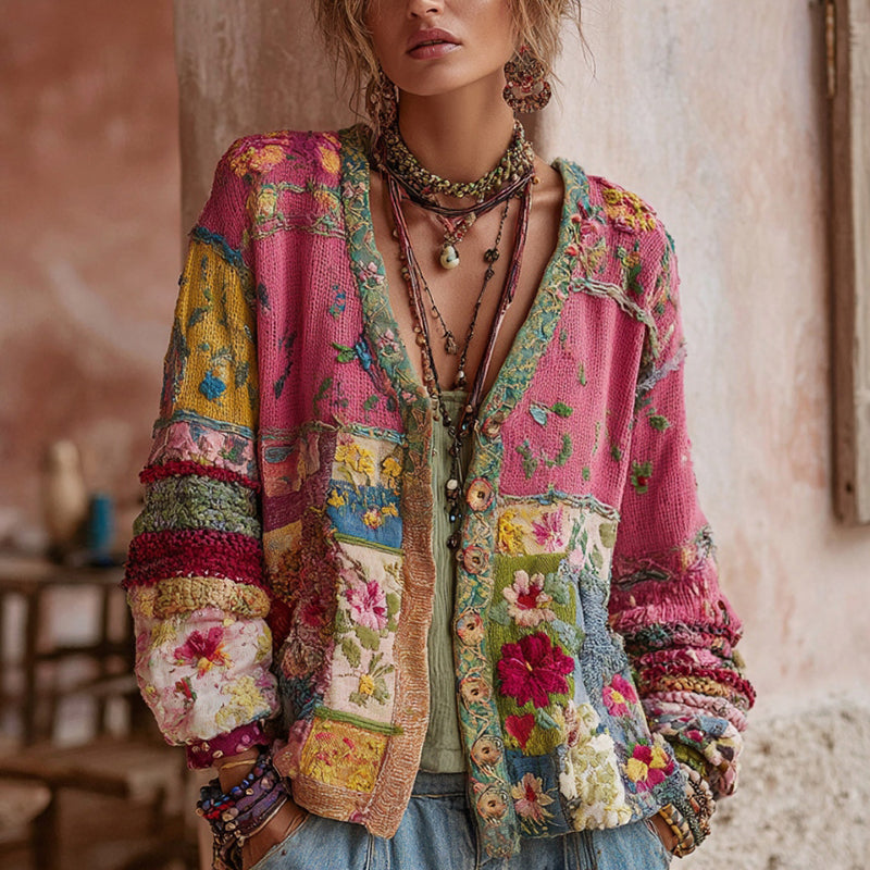 Women's Relaxed Floral Knit Cardigan with Button Front