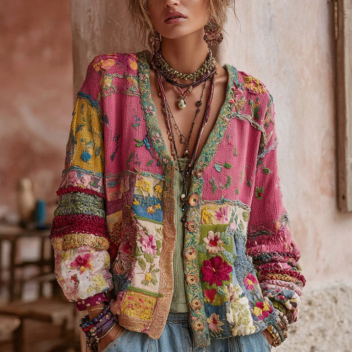 Women's Relaxed Floral Knit Cardigan with Button Front