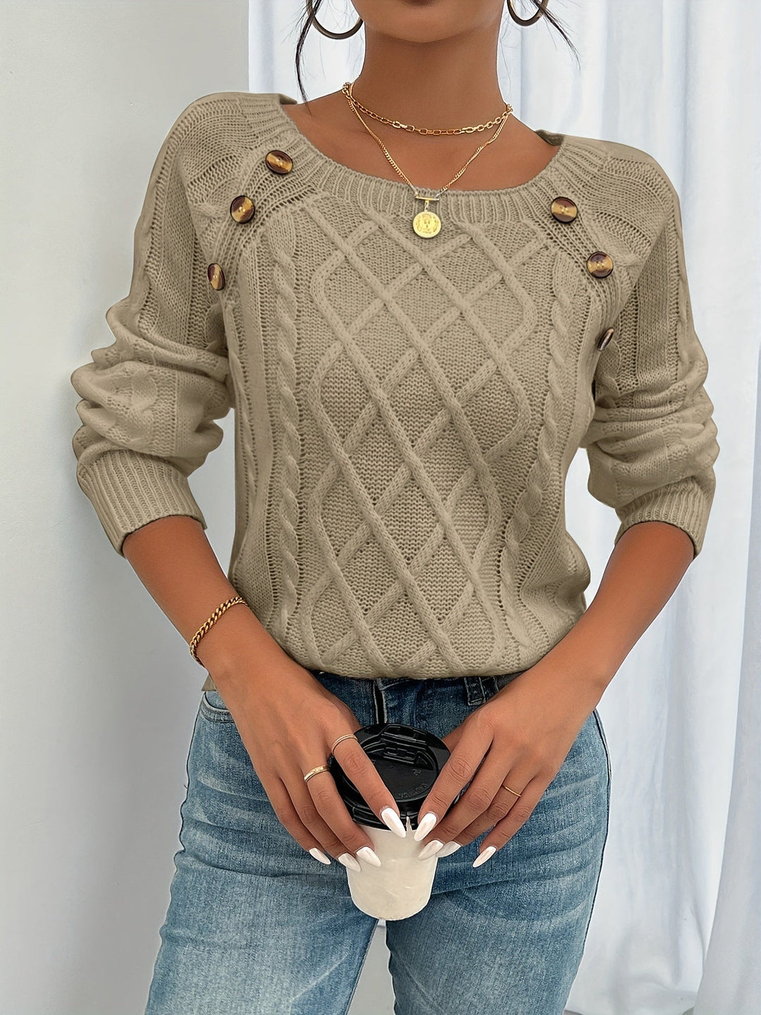 Women's Elegant Cable Knit Crewneck Sweater with Button Detail