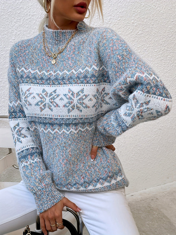 Women's Graceful Mock Neck Fair Isle Knit Sweater