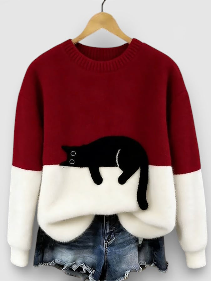 Women's Classic Cotton Crewneck Sweater with Fluffy Color Block Design