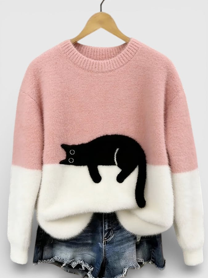 Women's Classic Cotton Crewneck Sweater with Fluffy Color Block Design