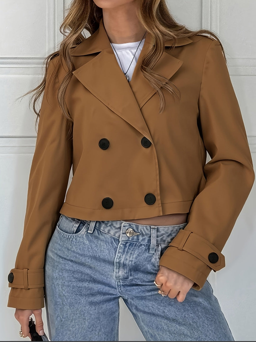 Women's Classic Brown Cropped Double-Breasted Pea Coat