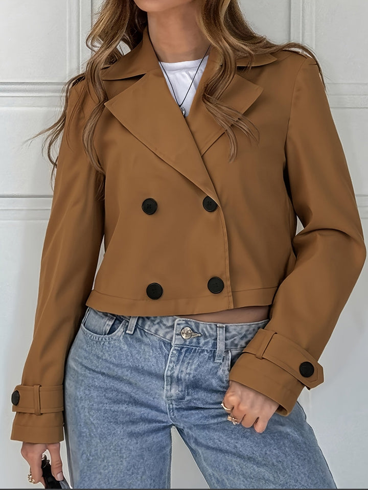 Women's Classic Brown Cropped Double-Breasted Pea Coat