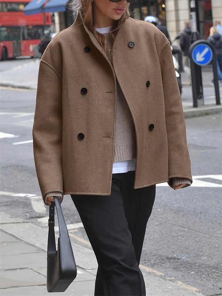 Women's Stylish Camel Wool Double-Breasted Pea Coat