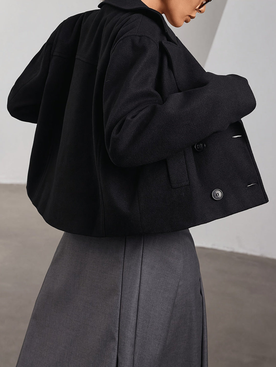 Women's Stunning Black Cropped Double-Breasted Wool Pea Coat