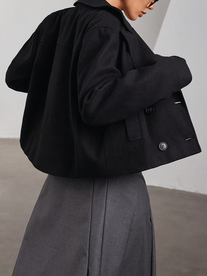 Women's Stunning Black Cropped Double-Breasted Wool Pea Coat