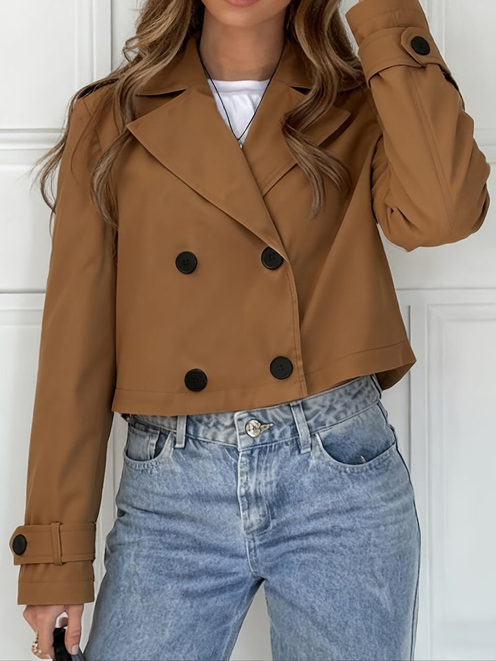 Women's Classic Brown Cropped Double-Breasted Pea Coat