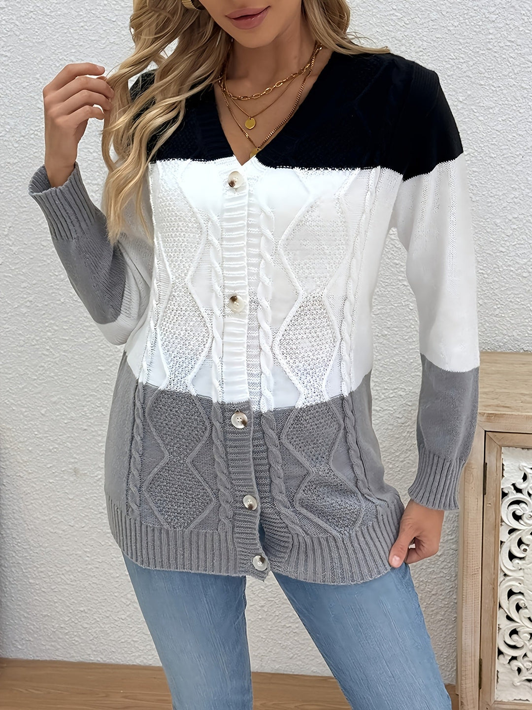 Women's Chic Long Cable Knit Cardigan with Button Front