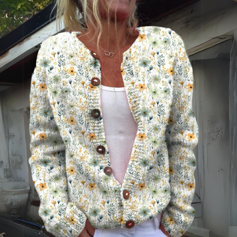 Women's Elegant Floral Knit Cardigan with Button-Up Front