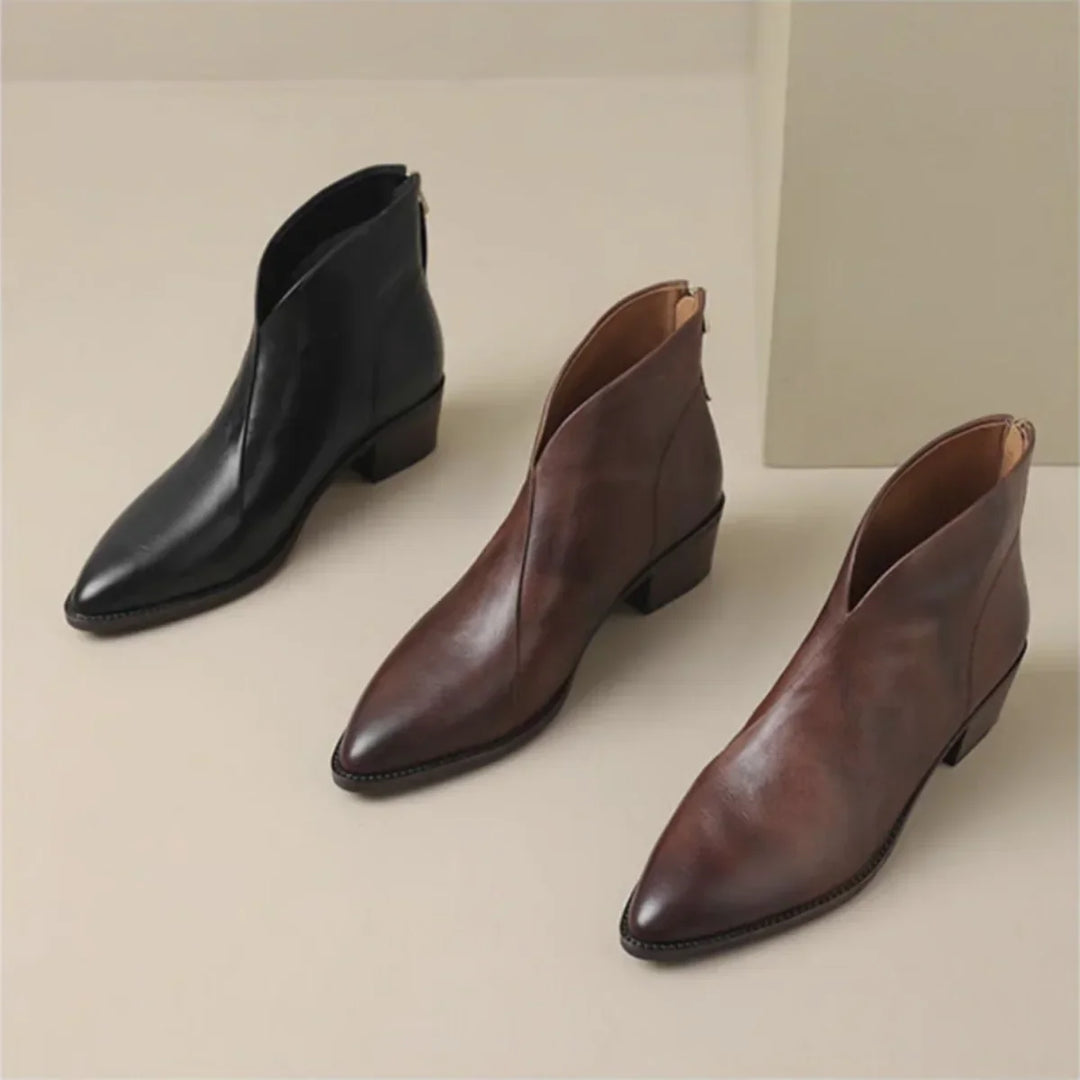 Women's Vintage-Inspired Pointed Toe Leather Heeled Ankle Boots