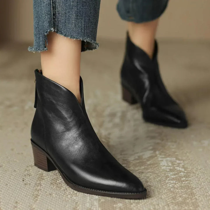 Women's Vintage-Inspired Pointed Toe Leather Heeled Ankle Boots