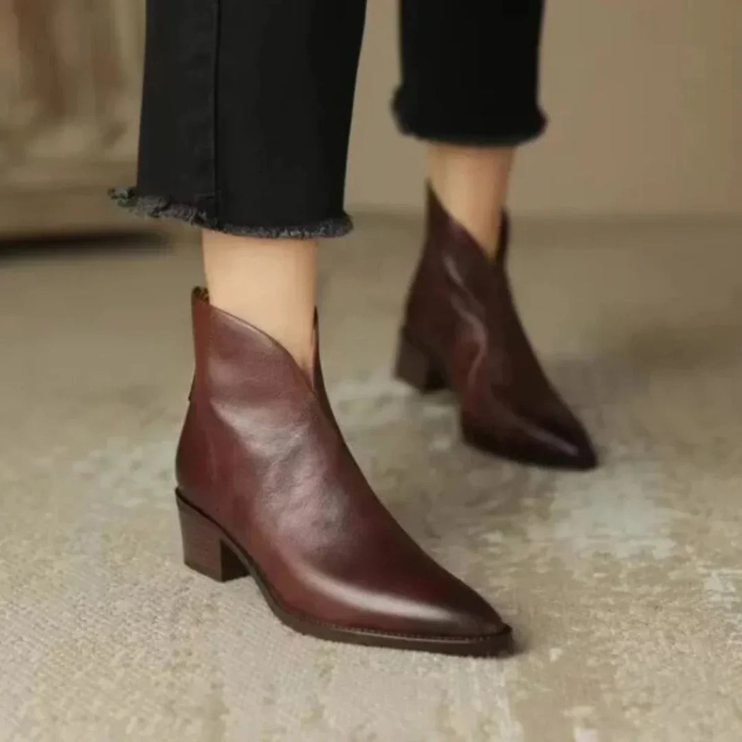 Women's Vintage-Inspired Pointed Toe Leather Heeled Ankle Boots